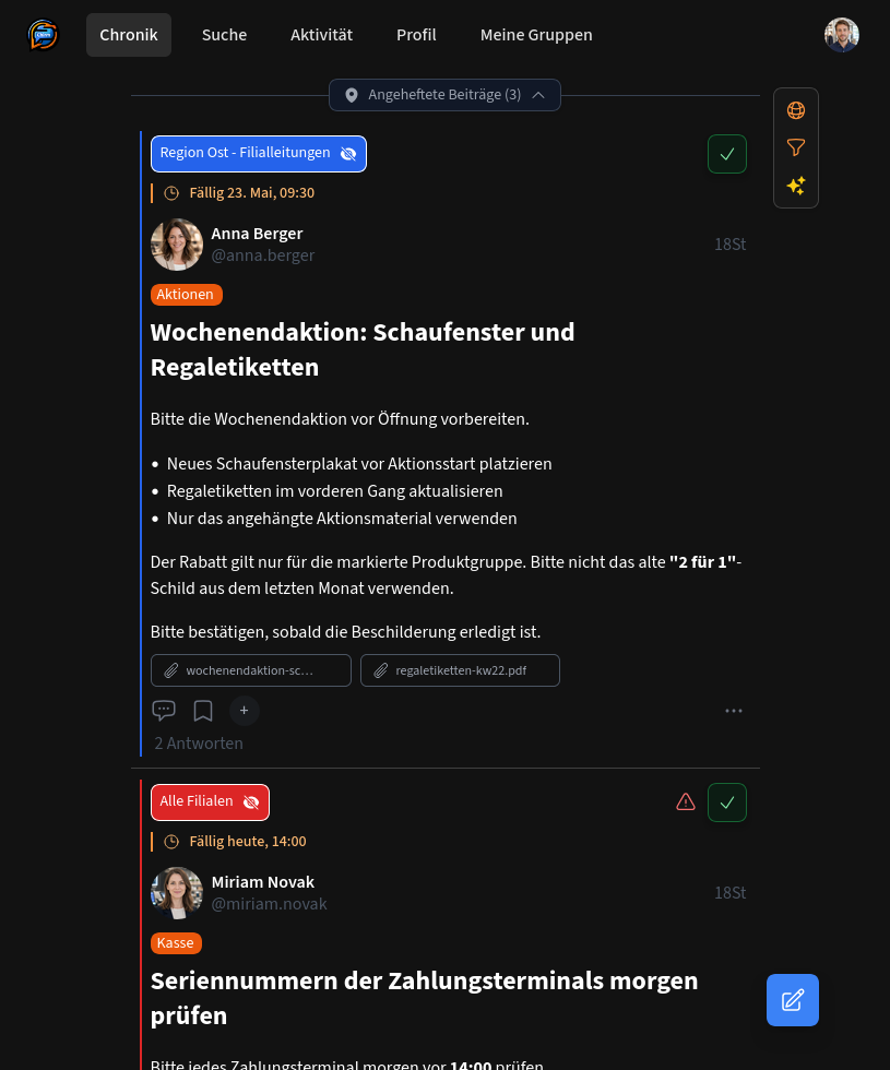 Chirm-Timeline mit gezielten operativen Updates für Schicht- und Standortteams