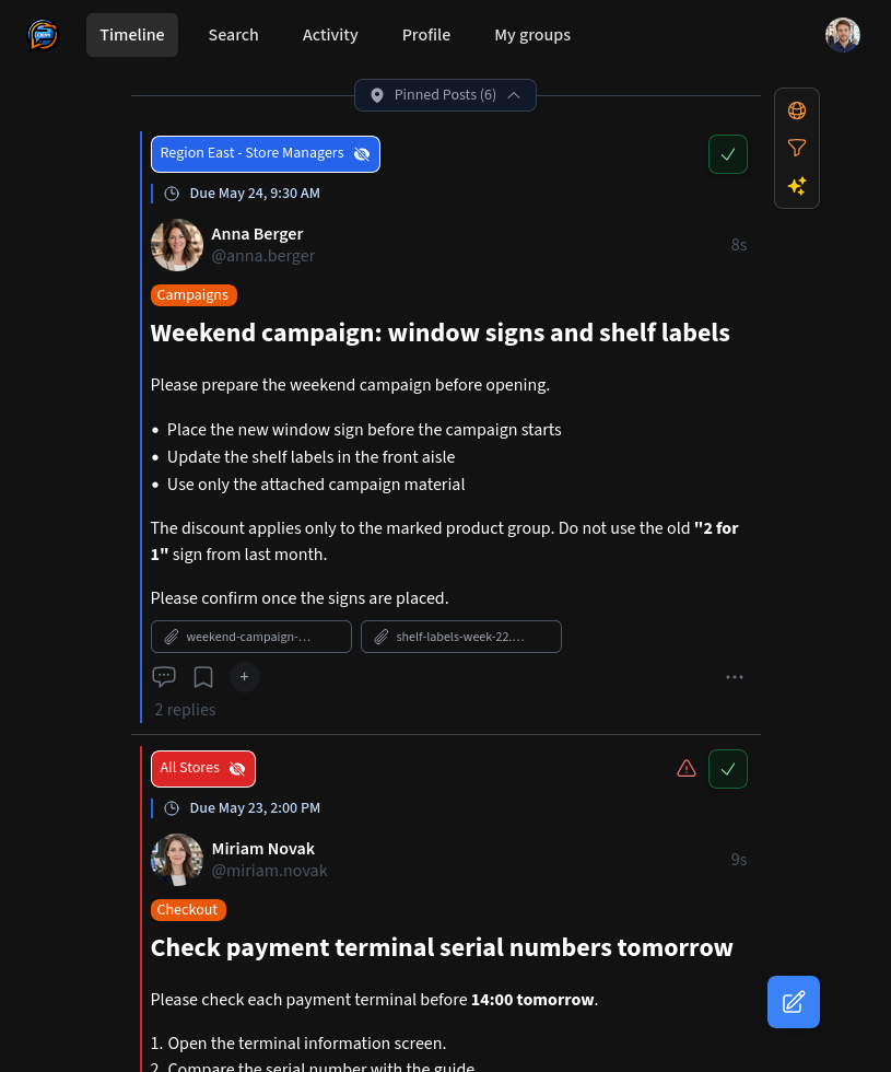 Chirm timeline showing targeted operational updates for frontline and shift teams