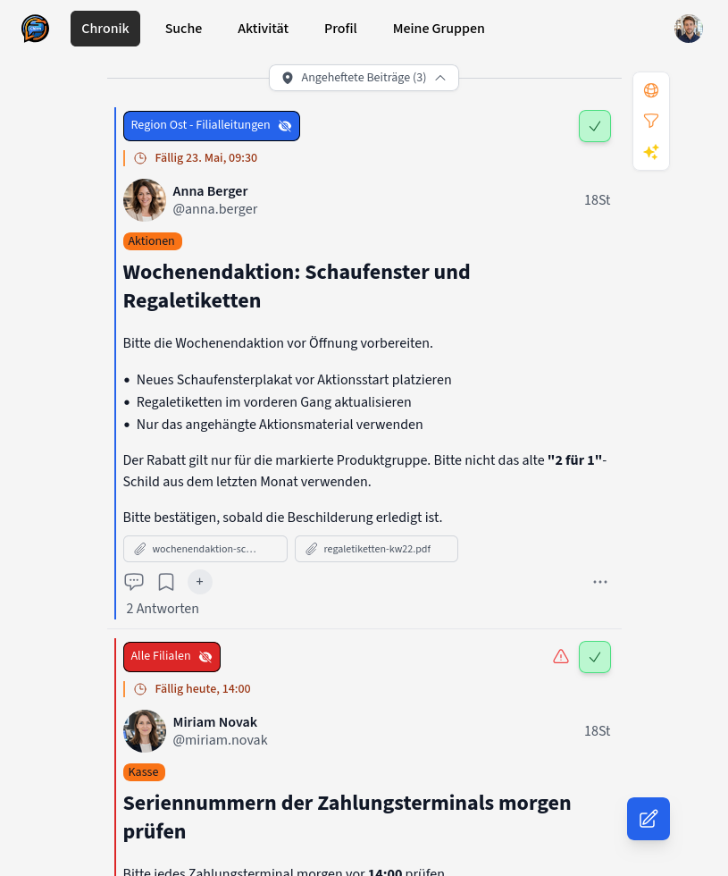 Chirm-Timeline mit gezielten operativen Updates für Schicht- und Standortteams