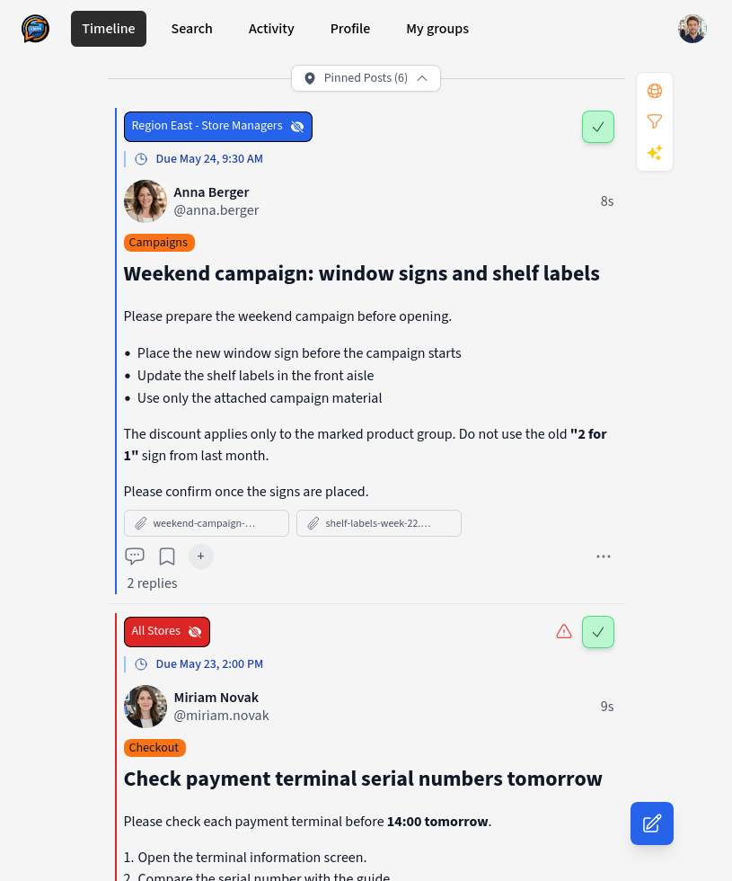 Chirm timeline showing targeted operational updates for frontline and shift teams