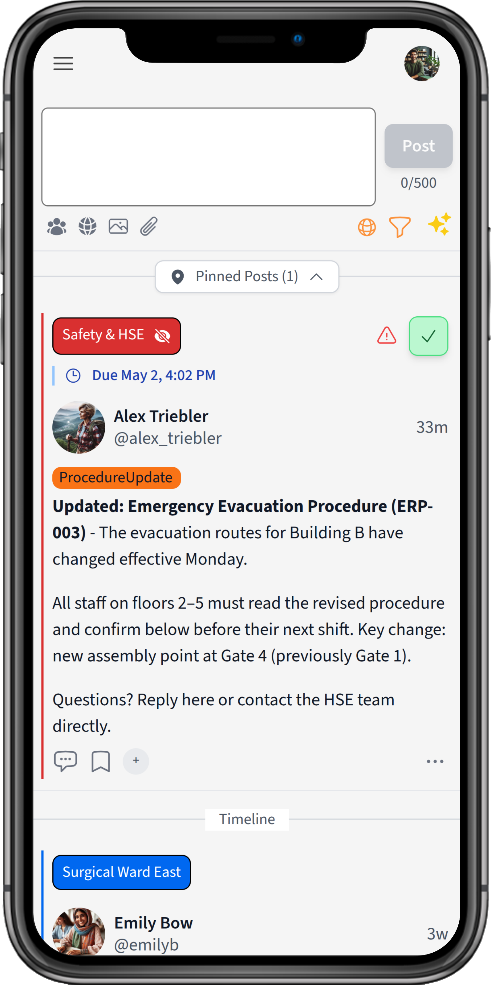 A Chirm critical post about an updated evacuation procedure, showing the group badge, critical indicator, and green acknowledgment button