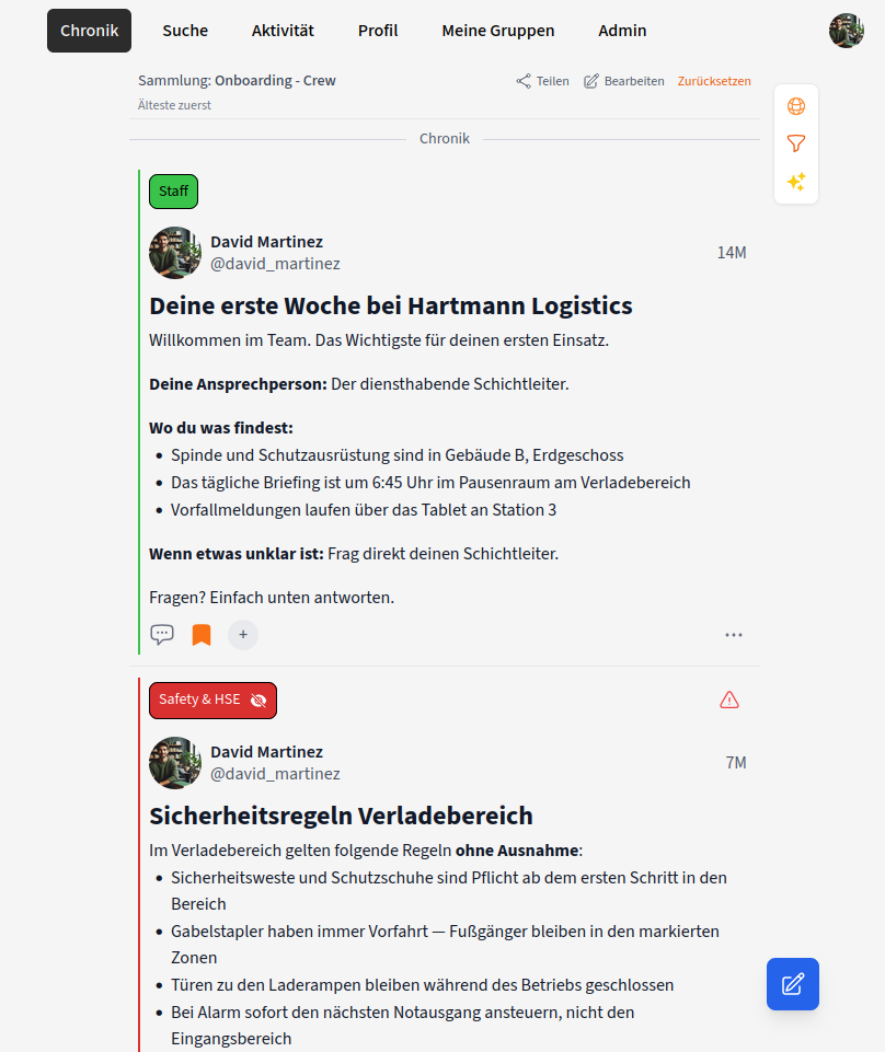 Example of a Chirm post in an onboarding collection