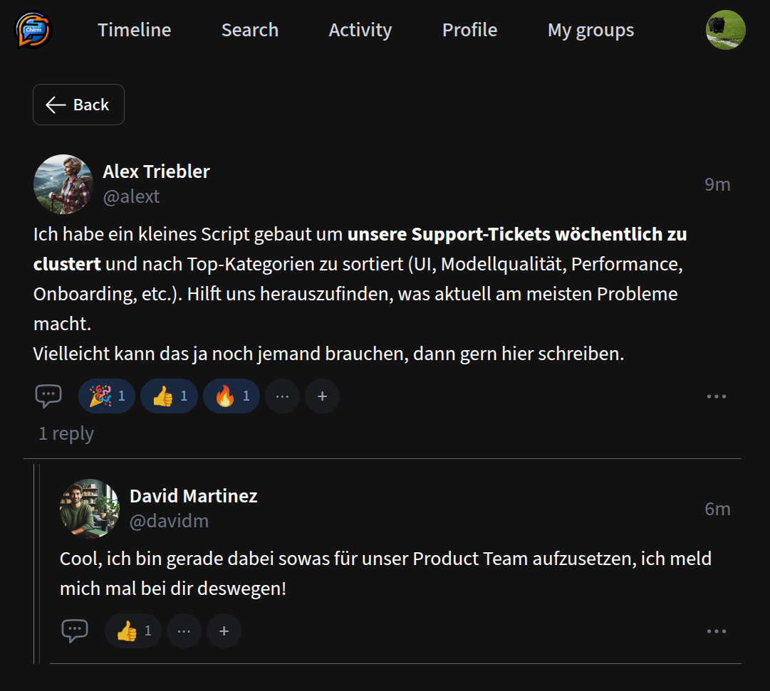 Example of a Chirm post showing a cross-team update in the timeline